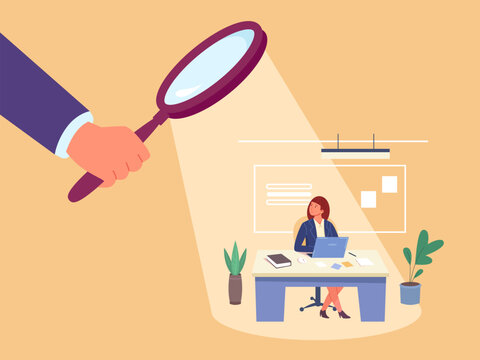 Work supervision. Employee control, observational boss supervise overworked manager advice apprentice, professional guidace processing, spy hand with magnifier vector illustration