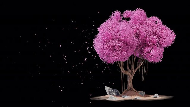 3D animation fantasy pink leave falling from pink tree includes alpha proress format.