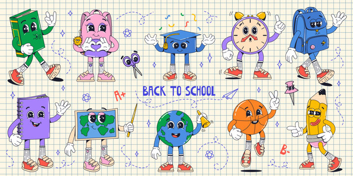 Set isolated school supplies groovy characters in gloves on white background. Bagpack, book, map, ball, pencil, clock, globe, hat square. Flat retro classic cartoon style. Back to school.