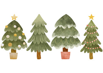 Set of Christmas tree, winter trees with festive decoration. Watercolor plant elements. Holiday illustrations for stationery, posters, cards, nursery, apparel, scrapbooking.
