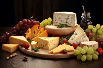 Delicious pieces of cheese on the wooden plate. Close-up