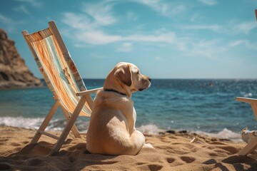 Labrador dog wearing sunglasses on the beach. Generative AI
