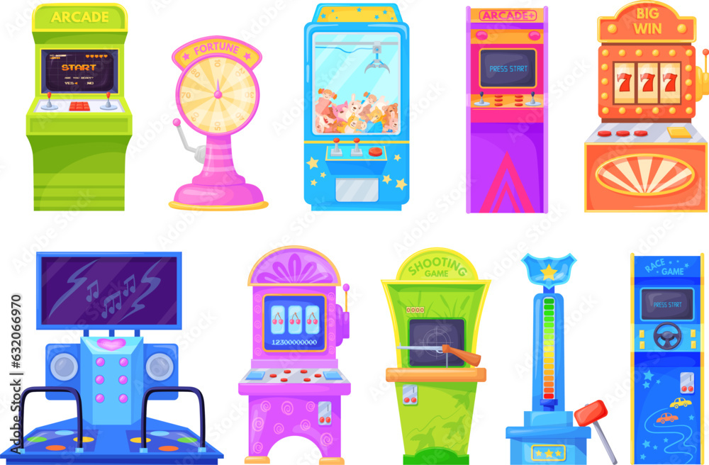 Wall mural arcade game machines. old games machine for gambling players or kids amusement gaming in attraction 