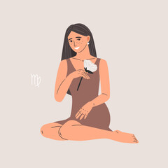 Zodiac sign Virgo with beautiful woman and flower, horoscope astrology symbol, girl in the dress