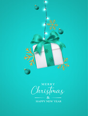 Fototapeta na wymiar Christmas gift vector poster design. Christmas gift box with xmas lights, balls and snowflakes decoration elements. Vector illustration holiday season greeting card. 