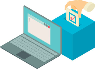 Voting icon isometric vector. Hand putting vote paper in ballot box near laptop. Online voting, election concept