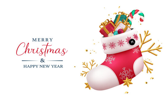 Christmas santa sock vector design. Merry christmas and happy new year greeting text with santa stocking in elegant background. Vector illustration holiday season decoration.
