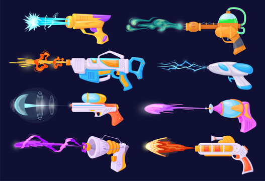 Blasters shoot. Plasmic laser guns, beam shotgun futuristic weapons for shooting game hero alien space combat, fire vfx shot blaster pistol, cartoon comic neat vector illustration