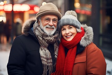 Fototapeta premium Portrait of happy retired man and woman in warm clothes walking outdoors on street. Loving senior couple enjoying a walk together on a cold winter day