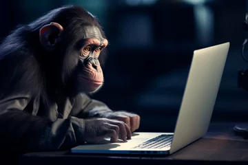 Zelfklevend Fotobehang Monkey at the laptop. Funny monkey © Uliana