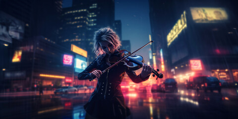 Fototapeta na wymiar a cyberpunk woman playing violin in a futuristic city in the night