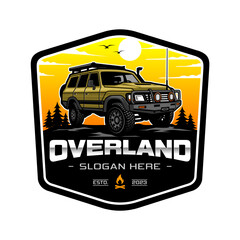 Illustration of a yellow overlander car logo, with a sunset background. Perfect for use as logos, posters, banners and t-shirts. © pratyas