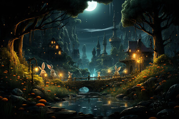 illustration of mysterious river in fairy tale forest at midnight with moonlight