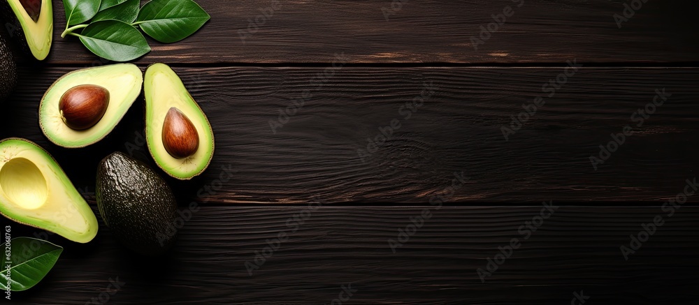 Aufkleber dark wooden table with a flat lay of whole and sliced avocados. ample space for text.