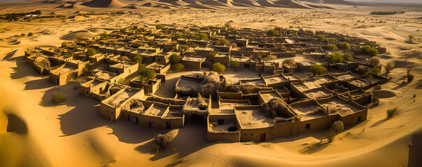 Obraz premium Breathtaking aerial view of desert village encircled by majestic sand dunes, with lone figure seen from above imparting a vivid glimpse into traditional desert life. Generative AI