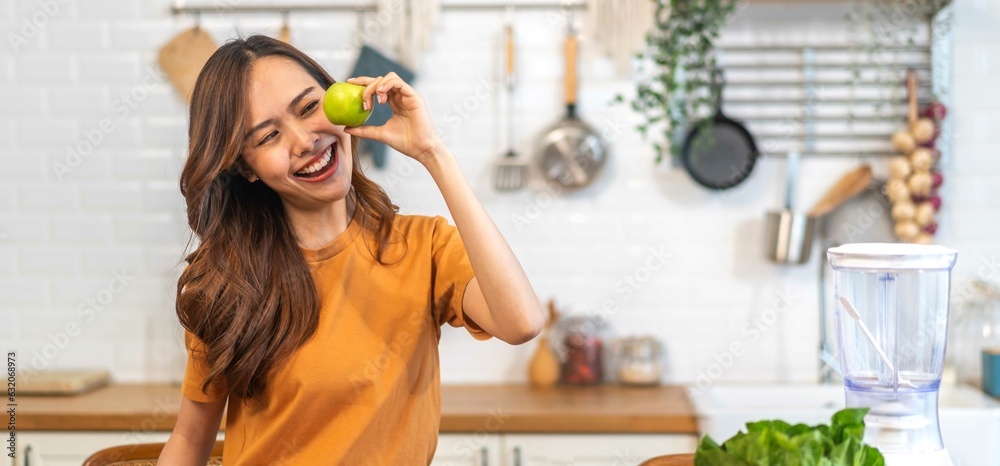 Wall mural portrait of beauty body slim healthy asian woman big smile cooking and preparing vegan food healthy 