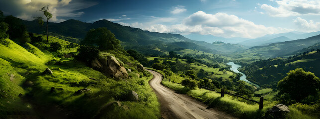 Fototapeta na wymiar panorama of the mountains with road beside reiver