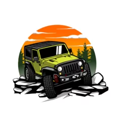Gordijnen Green offroad car illustration. Crossing large rocks with views of pine trees and sunset. Perfect for use as logos, posters, stickers, and t-shirts. © pratyas