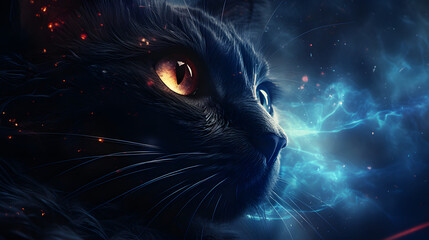 Astral magical fire ice black cat face close up hd desktop wallpaper ai generated - obrazy, fototapety, plakaty
