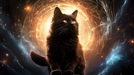 Cinematic sitting cat close up with magical whirl particles flying from behind hd desktop wallpaper ai generated