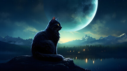 Black cat with a crescent moon and nature background hd desktop wallpaper ai generated