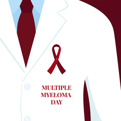 Multiple myeloma awareness day poster background. World bone marrow cancer month. Doctor with burgundy ribbon pin on white coat. Solidarity concept design. Healthcare support. Vector illustration.