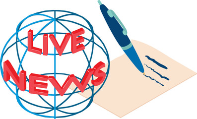 Live news icon isometric vector. Live news inscription and writing automatic pen. Media concept, journalism