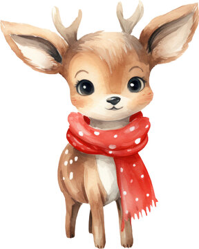 recommend clip art: Cute reindeer with red scarf cartoon watercolor. Generative AI