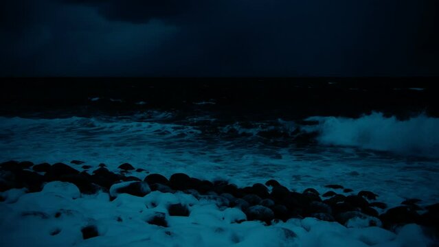 Very dark footage of Barents sea at night. North coast in Teriberka, Murmansk, Russia
