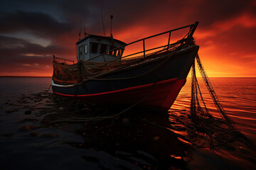 A fishing boat casts a net to catch fishes, ai generative, fishing industry, sunset.