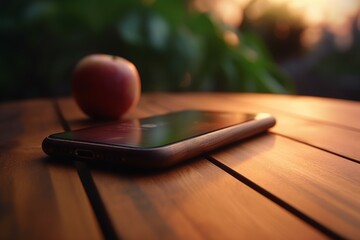 Smartphone on table near apple. Generate Ai
