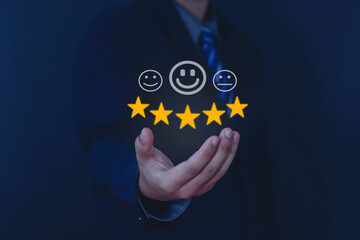business man showing happy smile good feedback rating positive customer reviews rating satisfaction...