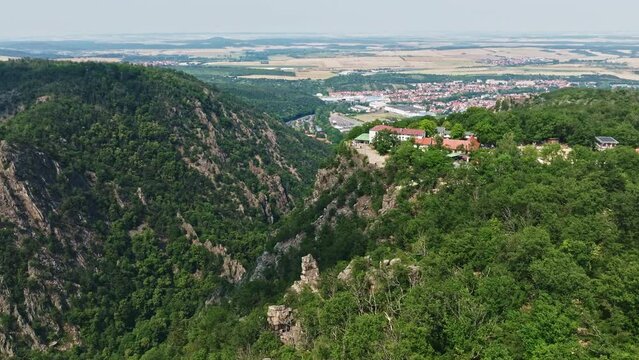 Aerial drone view of Hexentanzplatz Thale on Harz Mountain , Germany