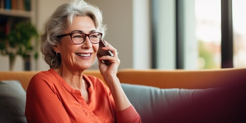 Happy mature woman in glasses talking with relatives on mobile phone while sitting on sofa at home.