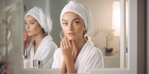 A beautiful woman in a white robe and a turban made of towels on her head looks at her reflection in the mirror.