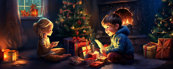 Christmas illustration of young siblings unwrapping presents by the tree and cosy fireplace
