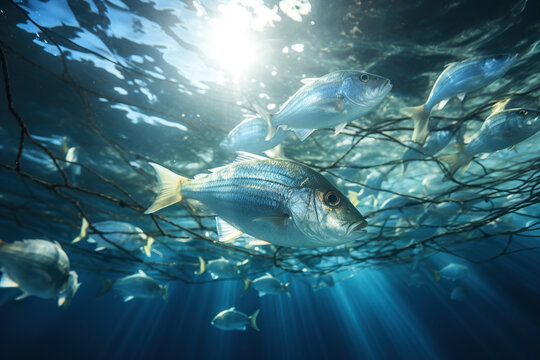 Closeup of many fish into the fishing net, ai generative, fishing industry, Fish farming, aquaculture nets.