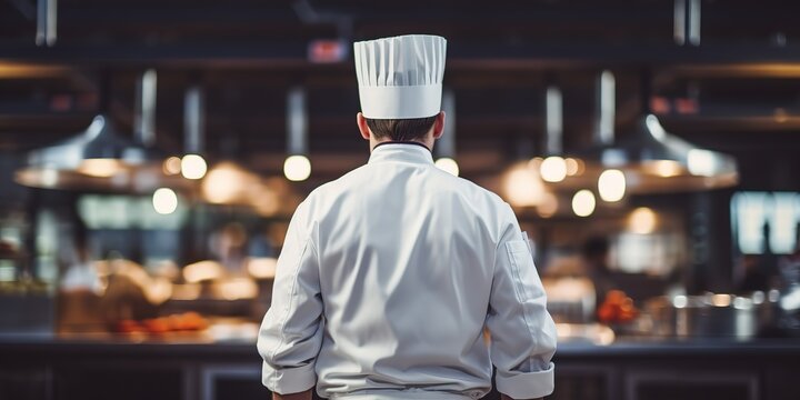 Chef Cook In White Uniform Standing Back View .