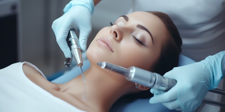 Relaxed young woman with closed eyes receives a vacuum facial cleaning procedure from a beautician.