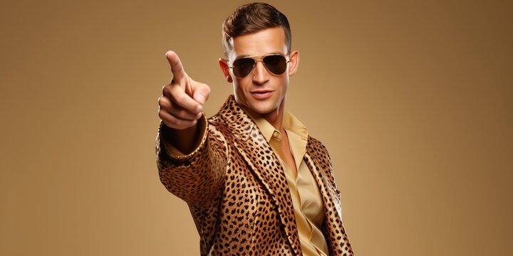 Happy guy in a gold necklace and a leopard costume pointing his finger at the camera.