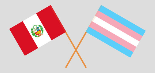Fototapeta na wymiar Crossed flags of Peru and Transgender Pride. Official colors. Correct proportion