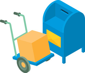 Parcel delivery icon isometric vector. Cardboard box on handcart near mailbox. Postal delivery concept