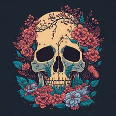 skull with blossom for t-shirt print
