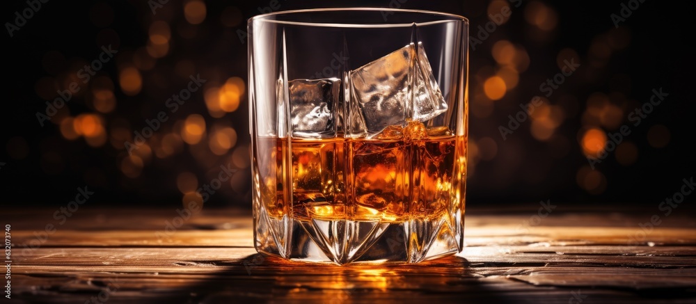 Poster an artistic representation of a glass of sophisticated whiskey with ice cubes on a bar counter, set 