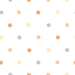 Watercolor seamless pattern multicolor pastel polka dots. Isolated on white background. Hand drawn clipart. Perfect for card, fabric, tags, invitation, printing, wrapping.