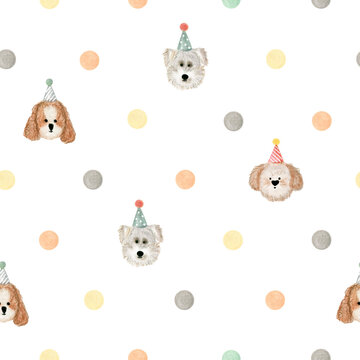Watercolor seamless pattern pastel polka dot and dogs. Isolated on white background. Hand drawn clipart. Perfect for card, fabric, tags, invitation, printing, wrapping.