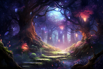 Fototapeta premium Anime Animals: Magical Forest with Mystical Creatures. Generative AI