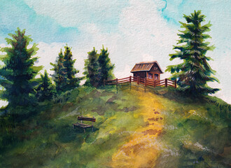 Beautiful mountain landscape with a small wooden house surrounded by fir trees. Watercolor drawing.