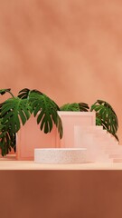 empty scene circular podium in portrait with green plants, 3d rendering