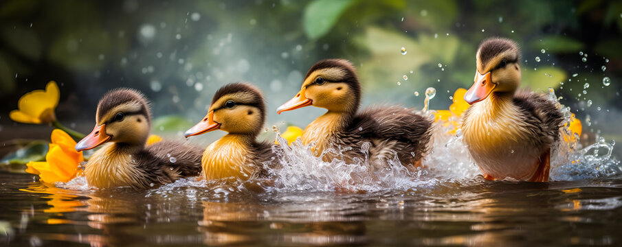 Vibrant ducklings joyfully splashing in crystal-clear pond surrounded by brilliant flowers, embodying playful vivacity and happiness. 